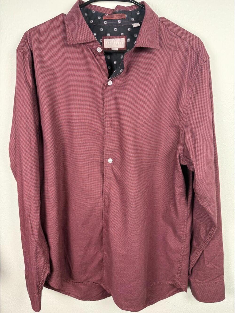 Ted Baker Men’s Button Down Dress Shirt Red Micro Check Long Sleeve Size L